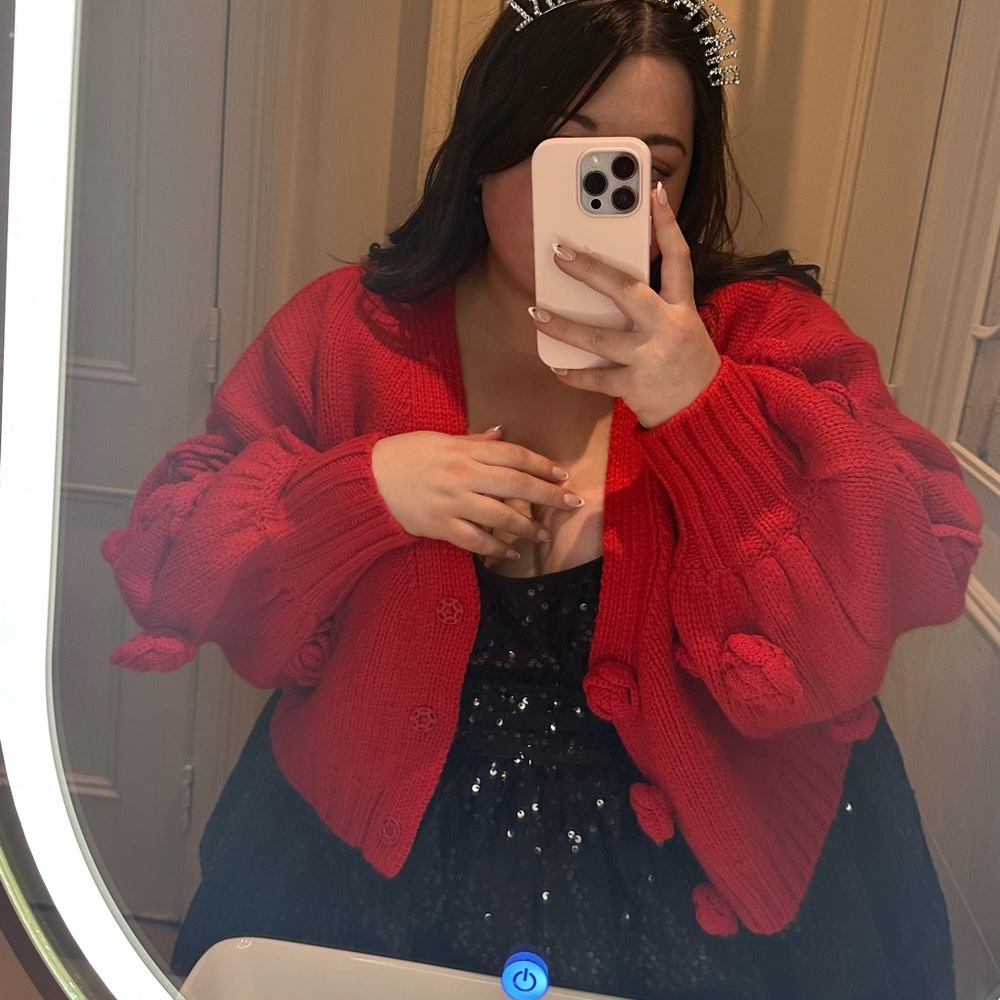 Red For Love and Lemons Flower Cardigan. Size 2X